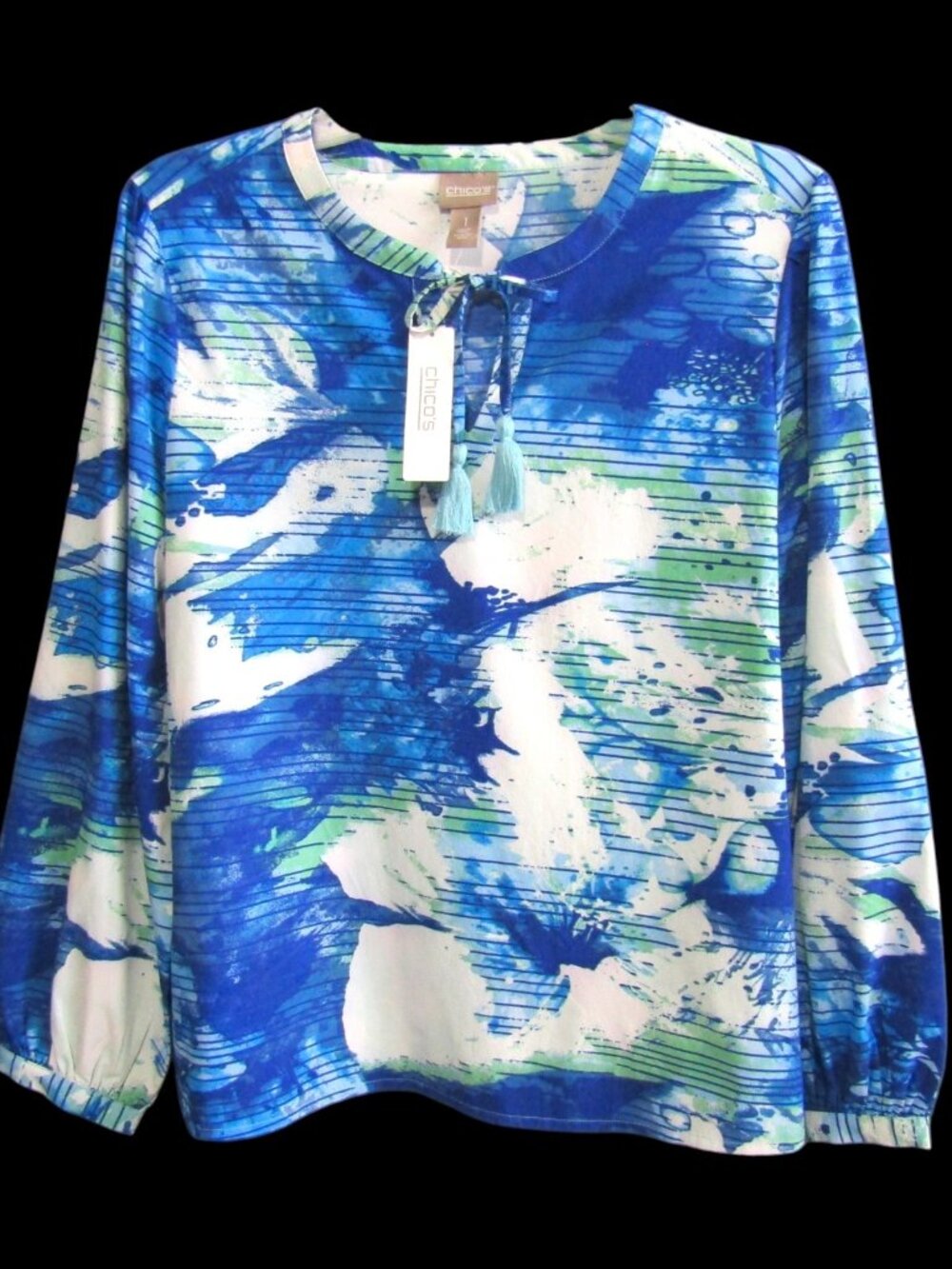 Chicos Getaway Floral Tassel Top Blue White Size M 1 Navy Peony Long Sleeve New